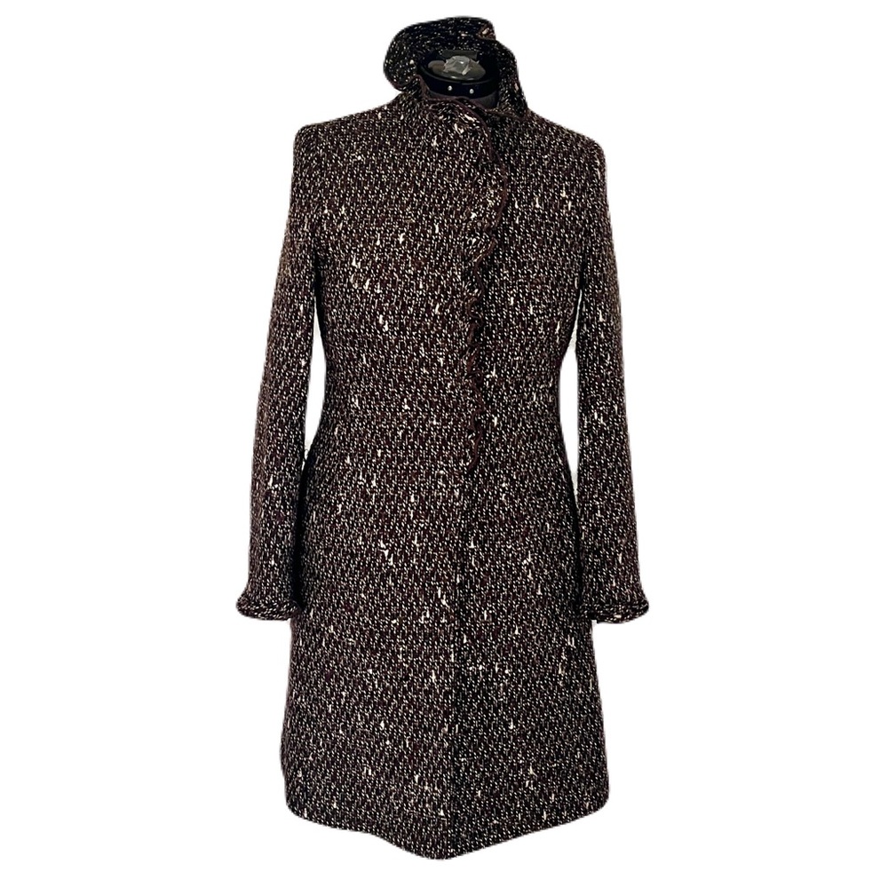 DKNY Brown and Black Tweed Wool-Blend Ruffle Coat, Size 6